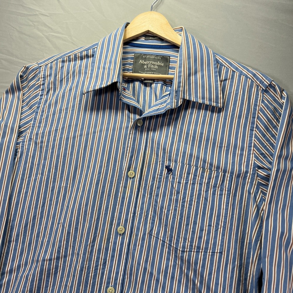 Abercrombie & Fitch Shirt Mens XL Blue Striped Button Up Muscle Fit Moose Y2K